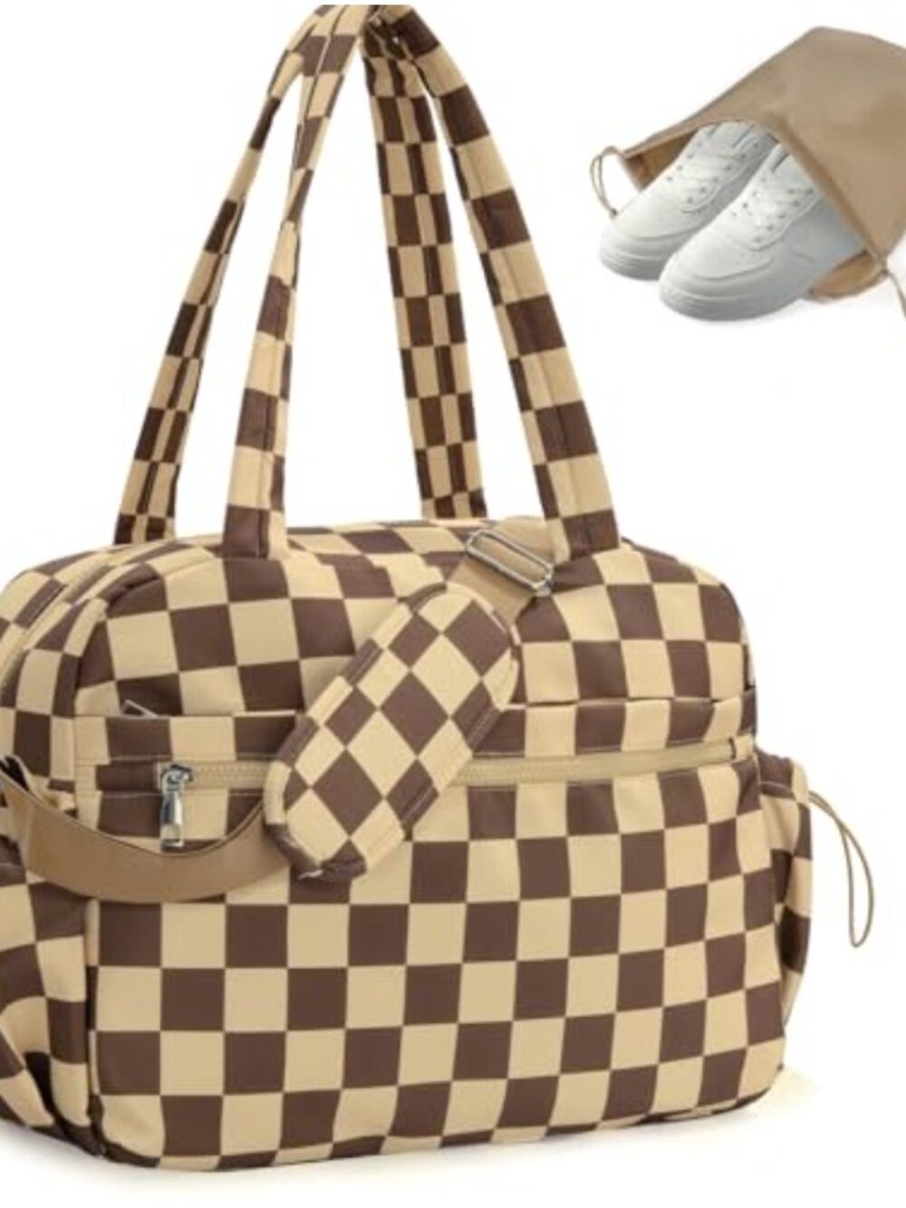 Checkerboard Puffer Duffle Bag, 20L Travel Gym Weekender with Wet Pocket, Shoe